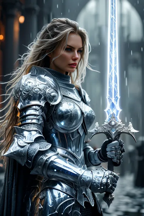 Cinematic shot of a beautiful female knight wearing GlassRay armor, holding GlassRay sword by the handle, sword pointing down, throneroom in background, raining reflective light, HKStyle, HD, masterpiece, best quality, hyper detailed, ultra detailed, super...