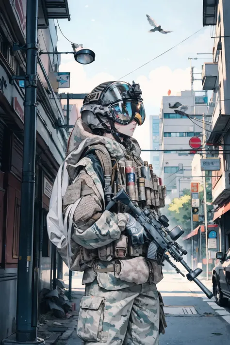 solo,1girl,outdoors,cityscape,(cowboy shot:1.2),standing,<lora:0308 U.S. Navy SEAL Special Forces Snow Precision Shooter_v1:0.9>,ruanyi0308,armor,assault rifle,camouflage,helmet,holding weapon,load bearing vest,backpack,m4 carbine,, ,tree,,outdoor,,bird,le...