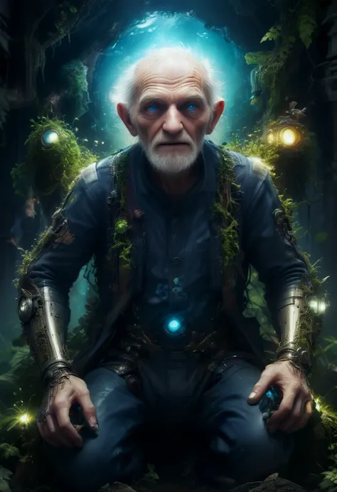 (art definition by Rimel Neffati:0.9), (artist design by Jimmy Nelson:1.1), (kind old man as lowly repairman, character repairman, glowing auras, detailed bright pupils, under a strange mech:1.4), (drifting in a surreal overgrown urban area, glowing blue r...