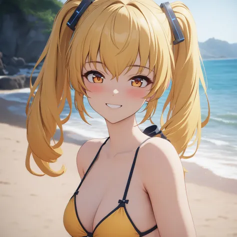 [high quality, best quality], (cinematic), 1girl, solo, fenny golden, smile, blush, yellow string bikini, beach, (bloom, hdr), <lora:SDXL_Lightning_8steps:1>, <lora:fenny:0.64>