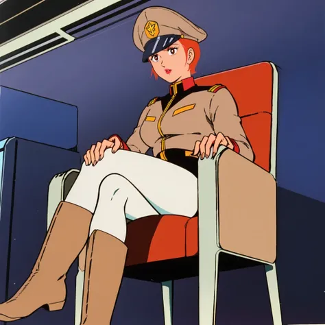 <lora:MatildaAdjan001:0.7>,
solo,
MatildaAdjan,1girl,orange hair,short hair,brown eyes,pink lips,retro artstyle,1980s (style),
military hat,
military uniform,
white_pantyhose,
brown boots,
full body,sitting,chair,