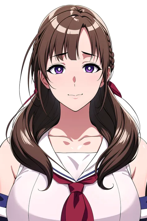 Simple White Background,
dynamic pose,standing at attention,
sailor outfit ,red scarf , white shirt,serafuku, collarbone, cleavage, 
<lora:Oosuki_Mamako_OkaasanOnline-KK77-V1:0.7>,
purple eyes, Brown hair,bangs,Long hair,braid, 
<lora:Oda_Non_Style-KK77-V2...