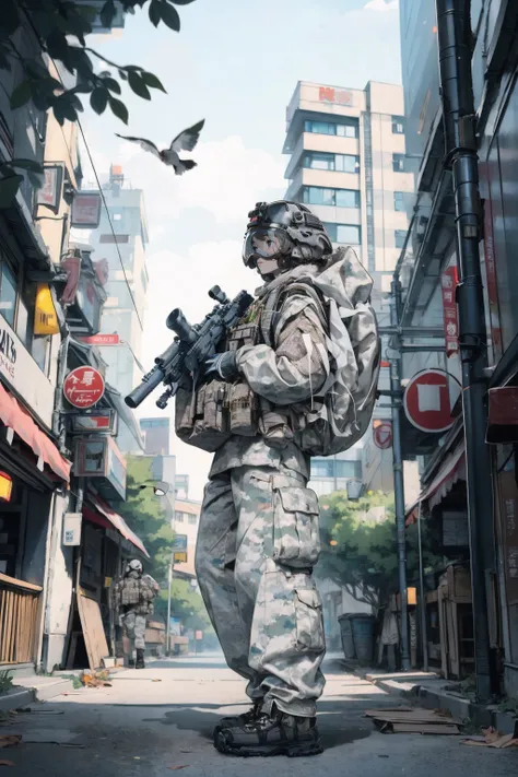 solo,1girl,outdoors,cityscape,standing,<lora:0308 U.S. Navy SEAL Special Forces Snow Precision Shooter_v1:0.9>,ruanyi0308,armor,assault rifle,camouflage,helmet,holding weapon,load bearing vest,backpack,m4 carbine,full body,, ,tree,,outdoor,,bird,leaves,