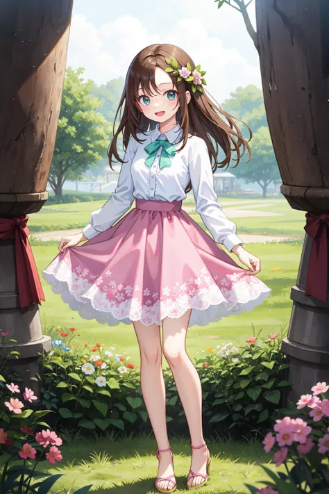 (best quality:1.4), ultra detailed, cute girl, small breasts, 
:d, dark brown hair, standing, feminine pose, grassland, 
long hair, (straight hair:1.3), jewely like eyes, 
(parted bangs:1.2), full body, 
Pastel Elegance: A light pink collared shirt paired ...