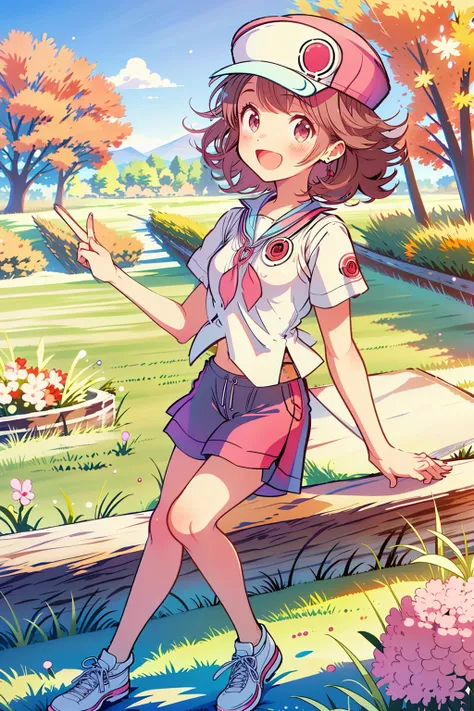 (masterpiece,best quality:1.2),1girl,pinktrainer, <lora:Pinktrainer:0.9>,hat,short sleeves,shorts,short hair,outdoors,in field,happy,:d,straight on,front shot, <lora:add_detail:0.5>