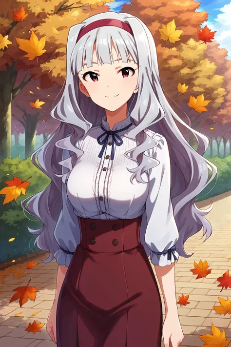 score_9, score_8,  aatakane, solo, long hair, hairband, medium breasts, <lora:shijou_takane_XL_v1:0.8>, high-waist skirt, shirt, autumn, smile, cowboy shot,