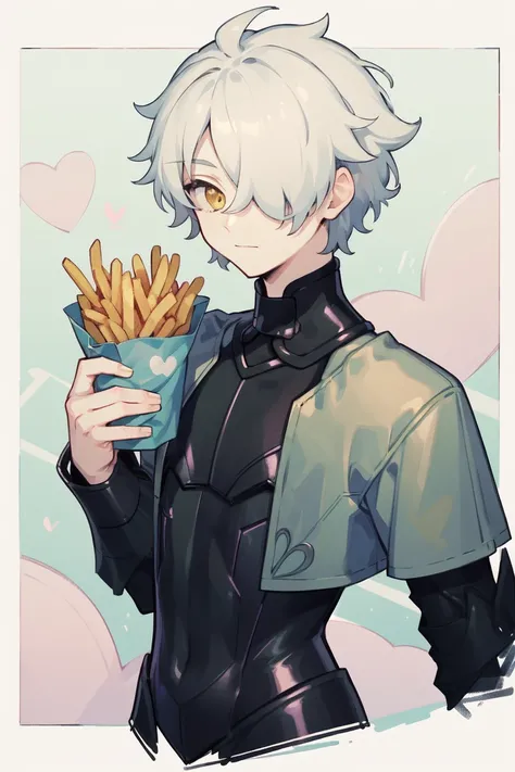 (masterpiece), (best quality), (highres), (ultra-detailed), (good anatomy), (male focus), (perfect color matches), (pastel colors), (cool tone), 1boy Galahad FGO, 1boy, white hair, short hair, hair over one eye, yellow eyes, cute smile, little hearts float...