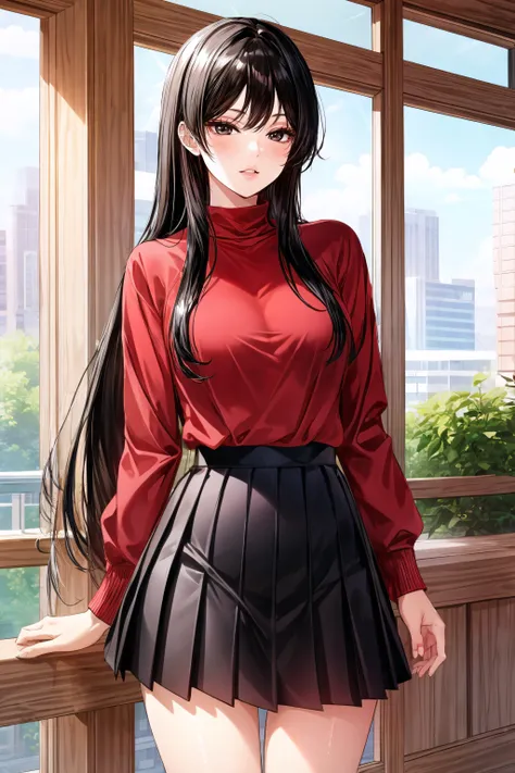 (masterpiece, best quality), <lora:nari v1.5-lora-Faxtron:0.8> nari, black eyes, black hair, long hair, red sweater, long sleeves, black pleated skirt, standing,
<lora:add_detail:0.8>,