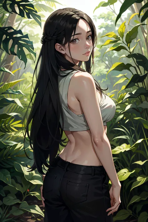 ((ultra detailed, masterpiece, absurdres))
 <lora:TWDRosita:0.9>
TWDRosita, long hair, black hair, brown eyes, in a lush jungle with vibrant flowers, from behind, looking back