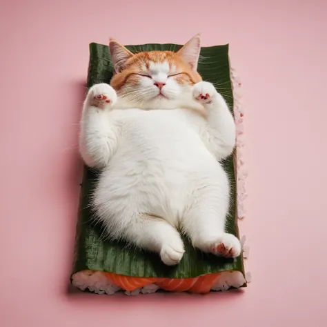 cinematic film still of  <lora:Fine art photography style:1>
 Juxtaposition of a cat is sleeping on a sushi bed:0.8 roll,simple background,closed eyes,lying,food,no humans,animal,cat,pink background,sleeping,realistic,animal focus,food focus,sushi,makizush...