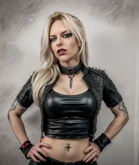 <lora:quiron_laura guldemond_v1_Lora:0.87> LauraGuldemondQuiron,  rocking the rock style. Leather, band tees, edgy, black