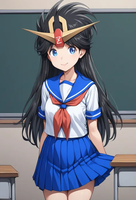 1girl, cowboy shot, (classroom:1.4), smile, closed mouth, 
z-chan, blue eyes, black hair, long hair, hair ornament, hair school uniform, serafuku, short sleeves, pleated skirt, <lora:Z-chan_pony_ver1:0.7>, score_9, score_8_up, score_7_up, BREAK source_anim...