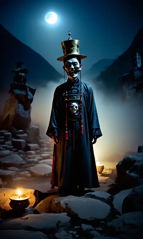 cinematic photo Chinese horror creature, ghost, Jiangshi folklore, hopping vampire, bulbous head, surreal lighting, candle atop head, creepy eyes, cracked skin, supernatural entity, mythical figure, eerie ambiance, ominous night, desolate landscape, Chines...