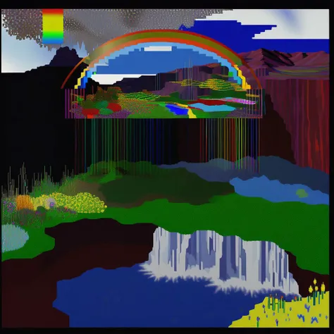 videogame N64 artstyle glitch iridescent landscape in the style of Wassily Kandinsky paint landscape with rainbows cliffs waterfalls and the clouds are flowers water reflections colorful holographic sky diagramatic lines information div and html photocolla...