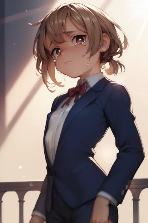 score_9, score_8_up, score_7_up, high resolution, 1girl, looking at viewer, beautiful face, detailed pupils, crying, bronze hair, low tied sidelocks, short bangs, brown eyes, flat chest, covered nipples, dark blue blazer, lens flare, imageboard colors <lor...