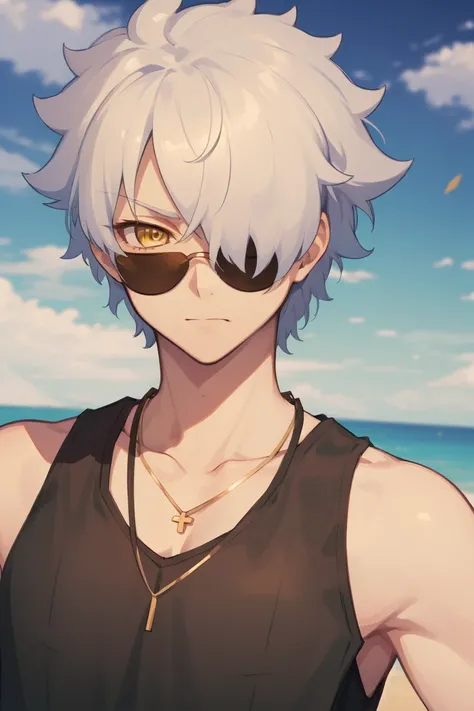 (masterpiece), (best quality), (highres), (ultra-detailed), (good anatomy), (male focus), 1boy Galahad FGO, 1boy, white hair, short hair, hair over one eye, yellow eyes, white tank top, golden necklace, thug life, sunglasses, smug, <lora:galahad:0.6>