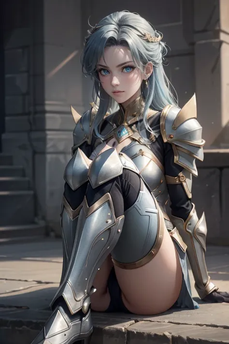 hxarmour,1girl,(light blue armour:1.3),moutain,Sitting with hands around ankles,<lora:HXarmour_014:0.6>,, ultra-detailed,extremely delicate and beautiful,(by exquisite colors block),masterpiece,best quality,unreal engine 5 rendering,movie light,movie lens,...