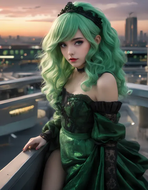 Hyperrealistic art a close up of a person with a green wig and a evening dress, in future airport rooftop, better known as amouranth, ultrarealistic girl, black evening dresses, japanese cgi, leaked photo, panoramic view of girl, thick thighs, blockout, 1 ...