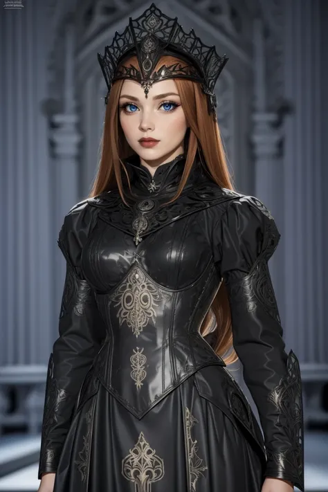 portrait, woman, ginger long hair, HUD_Evl_Qn, makeup, lipstick, long black dress, headdress, high collar, neckpiece, laser cut, intricate carved corset, long sleeves, boots, <lora:Fairy_Tale_Dress_2__evil_queen-000008:0.65>, castle background at night