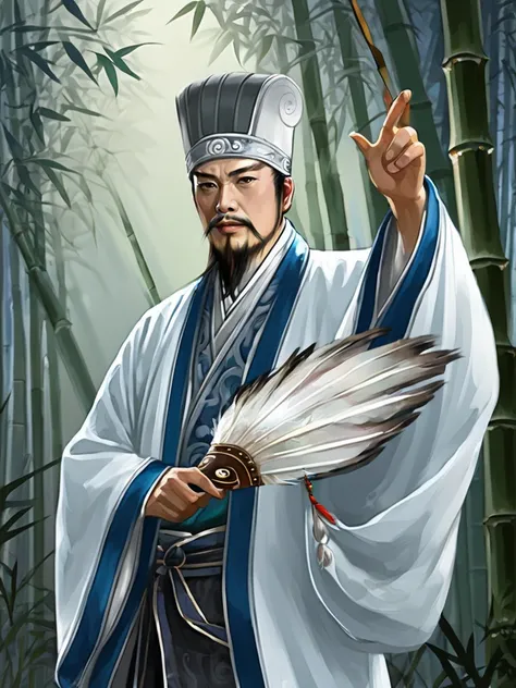 Digital illustration, ancient Chinese scholar, traditional attire, embroidered robe,  zhugeliang man,  traditional headwear, white and blue palette, gesturing hand, intense gaze, meticulous details, historical figure, standing pose, feather fan,  in bamboo...