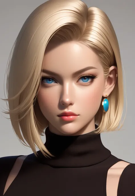 1girl, solo, looking at viewer, short hair, blue eyes, blonde hair, simple background, jewelry, closed mouth, earrings, sleeveless, hair over one eye, sweater, lips, makeup, turtleneck, portrait, realistic, nose, android 18