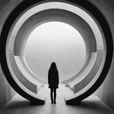 cinematic film still of  <lora:Fine art photography style:1>
Juxtaposition of a person standing in a circular architecture walkway with a black and white photo,1girl,solo,monochrome,greyscale Juxtaposition,artistic,photography,dramatic light,dramatic shado...