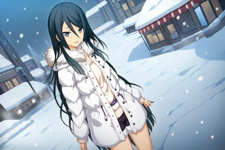 1girl,Himuraki Mizuha,white fur-trimmed coat,white sweater,open coat,purple ribbon belt,black shorts,masterpiece,best quality,solo,game cg,(illustration:1.2),(extremely fine and beautiful),(perfect details),(unity CG 8K wallpaper:1.05),(ray tracing),(beaut...