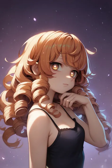 score_9, score_8_up, score_7_up, high resolution, 1girl, looking at viewer, beautiful face, detailed pupils, solid circle eyes, orange hair, ringlets, straight-across bangs, light brown eyes, small breasts, dark purple camisole, glitter particles, lavender...