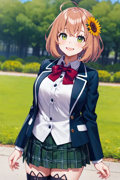 masterpiece, best quality, highres, aahimawari, short hair, ahoge, hair flower, school uniform, red bowtie, collared shirt, blazer, blue jacket, open jacket, long sleeves, plaid skirt, green skirt, black thighhighs, <lora:honma_himawari_v1:0.7>, standing, ...