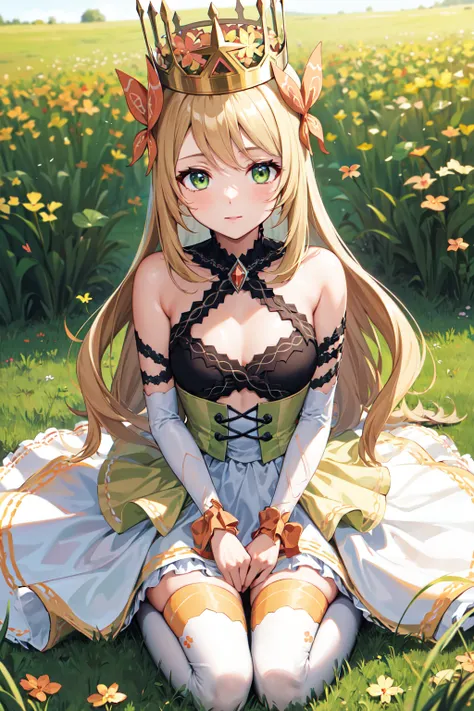 masterpiece, best quality, highres, aaceline, long hair, crown, hair ornament, green eyes, breasts, bare shoulders, dress, detached sleeves, bow, white thighhighs, <lora:celine_(fire_emblem)_v1:0.7>, wariza, grass, field,