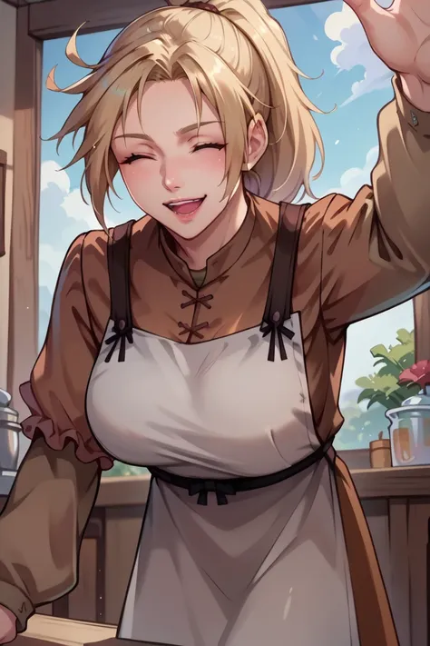 score_9, score_8_up, score_7_up, score_6_up, source_anime, BREAK 1girl <lora:ff7claudia-pdxl-nvwls-v1-000007:1> ff7claudia, blonde hair, ponytail, brown dress, long sleeves, apron, looking at you, large breasts, closed eyes, happy, leaning forward, outstre...