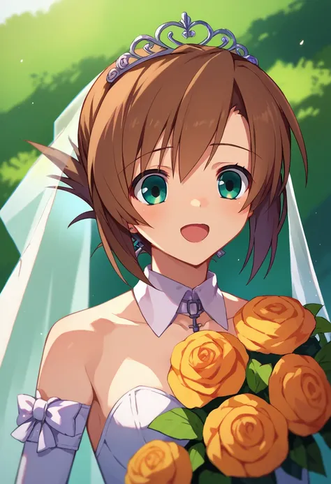 score_9, score_8_up, score_7_up, source_anime,  tachibana kimika, brown hair, short hair, green eyes, wedding dress, outdoors, <lora:Kimika3-000010:1>