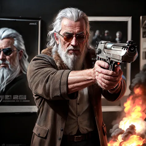 man, solo, aiming_pistol, hand_cannon, deagle:1.0, pistol, gandalf, sunglasses, movie_poster, FBI, special_agent, grey_suit, white_hair, (ultra-detailed), (masterpiece), (best_quality), (cinematic_lighting), (vibrant_colors)