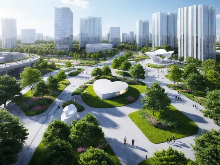 The image depicts a modern urban landscape. It showcases a spacious plaza with lush greenery, blooming flowers, and people leisurely walking around. In the foreground, theres a pathway with two individuals walking, one carrying a bag. Adjacent to the pathw...