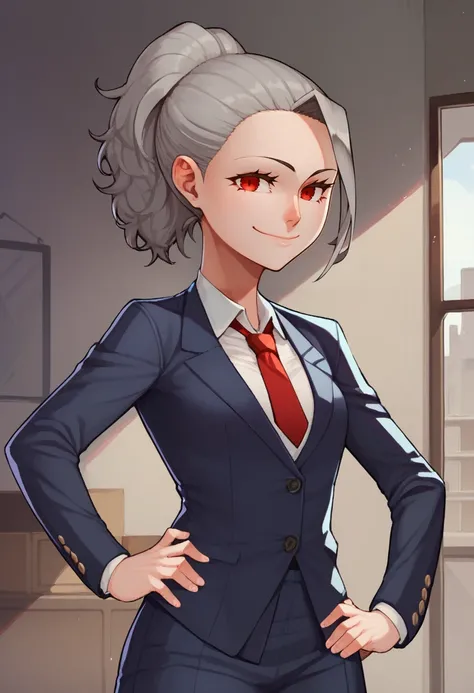 score_9, score_8_up, score_7_up, source_anime, 1girl,red eyes,smile, room, ponytail,grey hair, portrait, best quality,hand on hip,  blazer,   <lora:Ourobot-Style-PonyXL-v2:1>