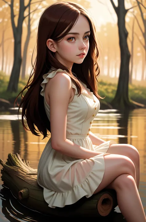 RAW photograph, tv_Tanya_Channing_MXAI,  , calm expression, wearing a colorful sundress, sitting on a log at a misty forest pond, golden hour, shot from the side,,  (((epic-Ultra-HD-details, epic-Ultra-HD-highlights, upscaled-resolution, optimal)))   PA7_H...