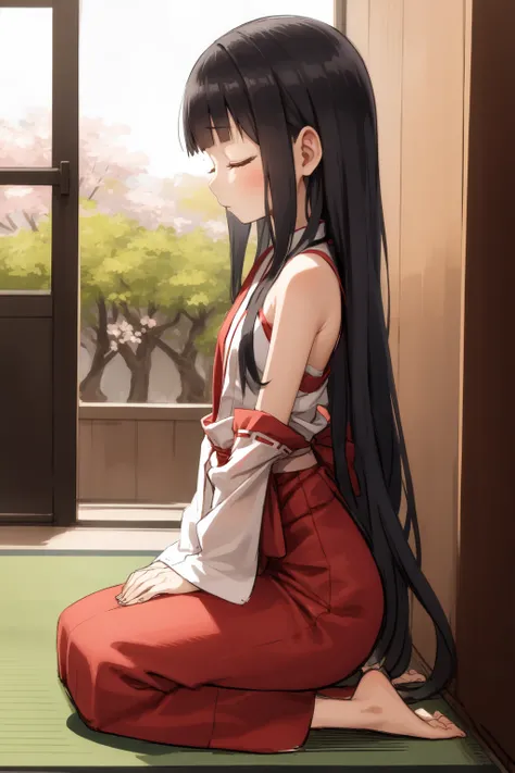 (sketch:1.25),
1girl, blunt bangs, forehead, extremely long hair, shiny black hair, closed eyes, flat chest
BREAK (praying:1.2), miko, red skirt, japanese clothes, tabi
BREAK on floor, (seiza), from side, full body, wide shot
BREAK detailed background, (ou...