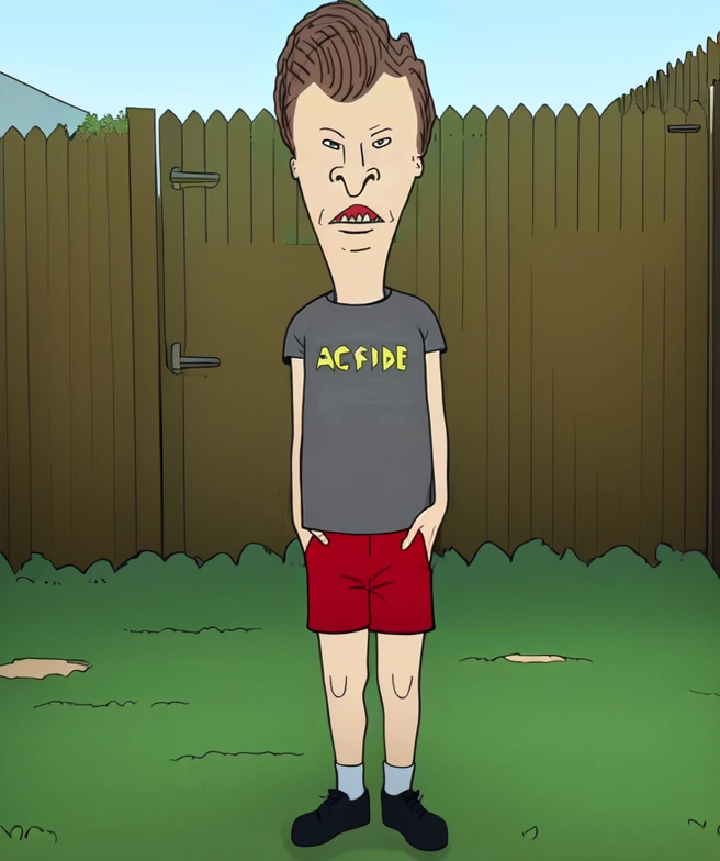 <lora:Beavis_and_Butthead-000014:1>,   <lora:boldline:0.2>, high res, butthead, solo, brown hair, black round pupils, grey shirt, red shorts, full body, 2d cartoon flat colouring, cell shading, standing in a yard with a fence