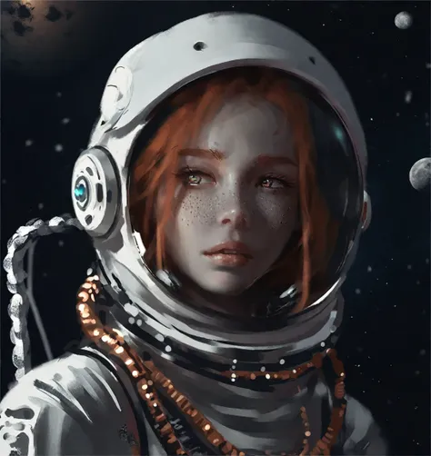 wgz style,portrait of a beautiful girl highly detailed,Jewelry,Freckles,necklace,White eyes,Moon background,space suit