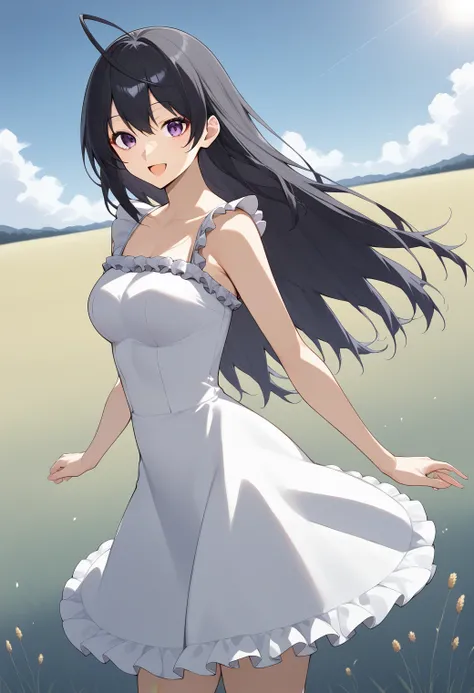 1girl, cowboy shot, (field:1.4), sky, sunlight, smile, open mouth,  looking at viewer, 
yonagi_kei, purple eyes, black hair, long hair, ahoge, dress, frills,  <lora:yonagi_kei_pony_ver1:0.7>, score_9, score_8_up, score_7_up, BREAK source_anime, rating_expl...