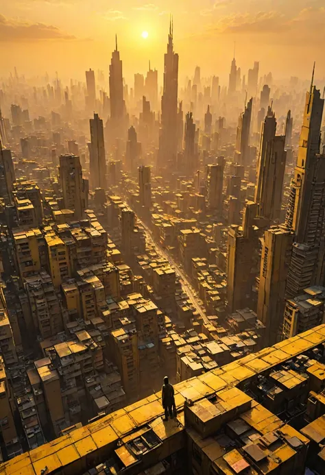 In a yellow sunrise, a looming futuristic city stands high in the distance casting its shadow upon the slums below me