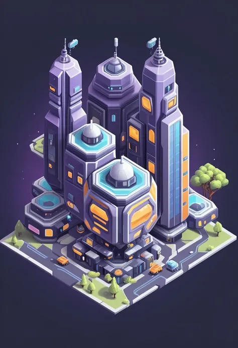 cute isometric tile, hexagonal, contains one futuristic city