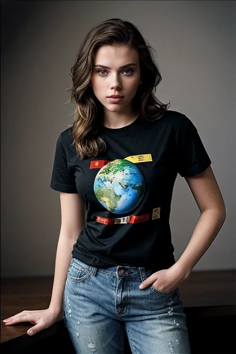 photo of beautiful (Sc4rJ0h4nss0n_HM-145:0.99), brunette, a woman, perfect hair, serious look, (modern photo), wearing graphic tee and ripped jeans, portrait, 85mm, (analog, cinematic, film grain:1.3), (Martian Weather Station, Outpost studying Martian atm...