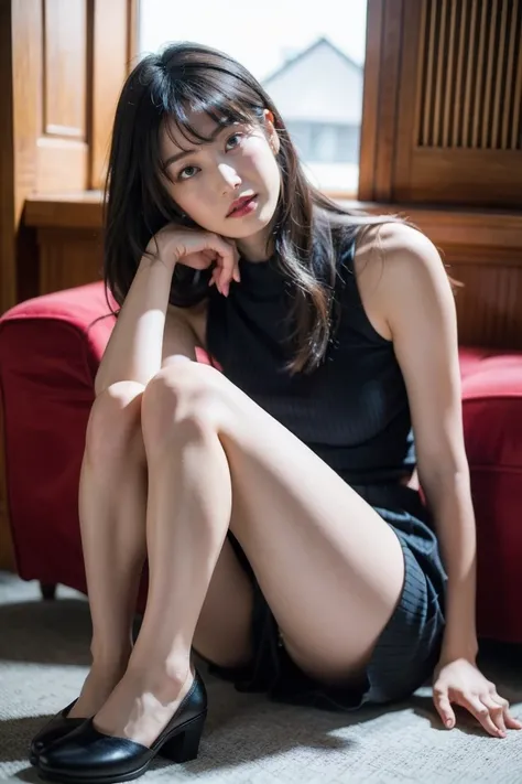 1girl,solo,looking at viewer,skirt,high heels,black hair,sitting,sleeveless,black footwear,looking at viewer,long hair,shirt,blue shirt,indoors,brown skirt,full body,bangs,sleeveless shirt,window,
best quality,masterpiece,illustration,an extremely delicate...