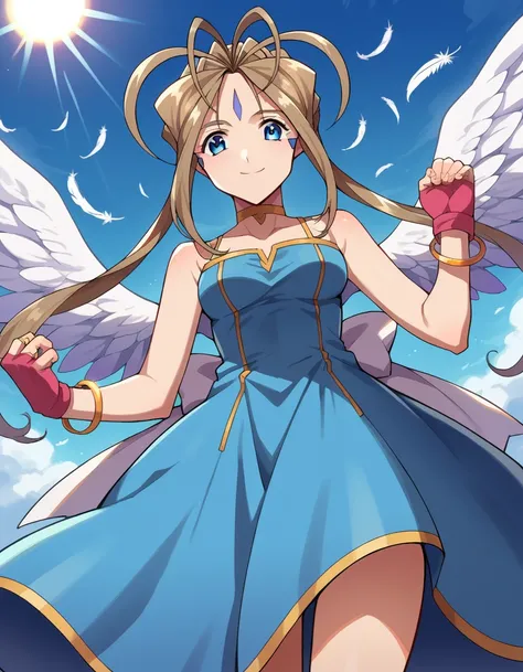 score_9, score_8_up, score_7_up, source_anime,
belldandy, <lora:belldandy-ponyxl-lora-nochekaiser:1>,
belldandy, long hair, blue eyes, brown hair, facial mark, forehead mark, smile,
gloves, wings, choker, fingerless gloves, bracelet, ring, feathers, angel ...