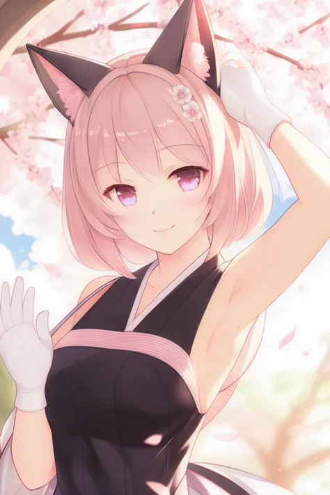 (extremely aesthetic, best quality, newest), 1girl, solo, cat ears, looking at viewer, blush, slight smile, waving, pov, cherry blossoms, rim lighting,