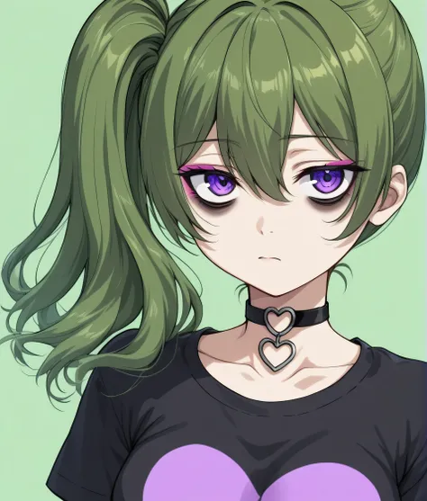 Ubel, 1girl,solo,breasts,bangs,simple background,shirt,hair between eyes,medium breasts,closed mouth,purple eyes,collarbone,upper body,short sleeves,heart,green hair,choker,side ponytail,collar,black shirt,makeup,black choker,t-shirt,eyeshadow,green backgr...