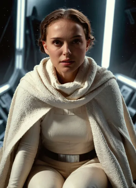 high resolution photo face close-up of p4dme woman sitting in a star wars ship,looking at camera,white uniform,hair chignon,white coat,full body shot,depth of field,volumetric lighting,sunrise,(surreal dramatic lighting shadow)