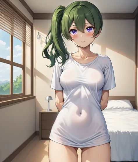 Ubel, 1girl,solo,long hair,breasts,looking at viewer,blush,bangs,shirt,hair between eyes,medium breasts,closed mouth,standing,purple eyes,collarbone,white shirt,short sleeves,thighs,cowboy shot,green hair,indoors,side ponytail,window,covered navel,arms beh...