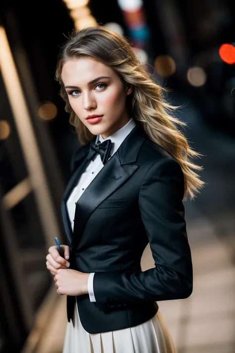 photo of beautiful (El1z4C4rs0nv2-135:0.99), a woman, perfect hair, surprised, (modern photo), wearing tuxedo, portrait, 85mm, (analog, cinematic, film grain:1.3), (__advancedWildcardsScienceFictionKit_v10/advanced-science-fiction-locations__), detailed ey...